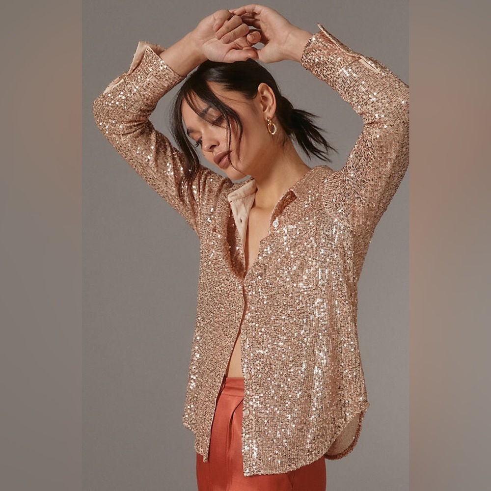 EUC Anthropologie Sunday in Brooklyn Rosegold Sequin Relaxed Fit Shirt Sz XXS